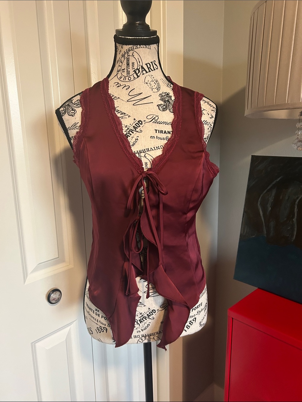 NWOT Women’s Burgundy Lace-Trim Satin Tie-Front Top